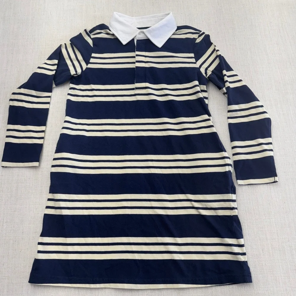 Gap Kids Girls Striped Rugby Dress Navy Cream Long Sleeve Cotton S‎ 6/6X NEW